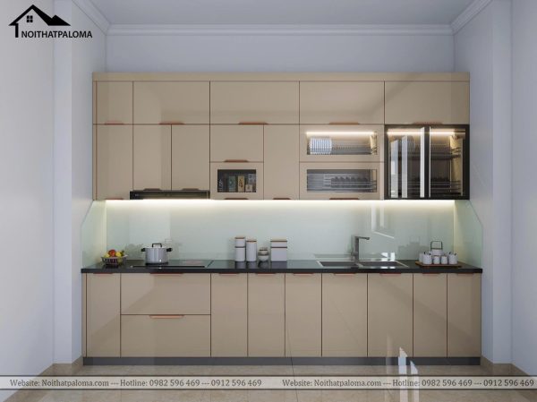 Tủ bếp Acrylic chữ I màu kem hiện đại đẹp sang trọng.