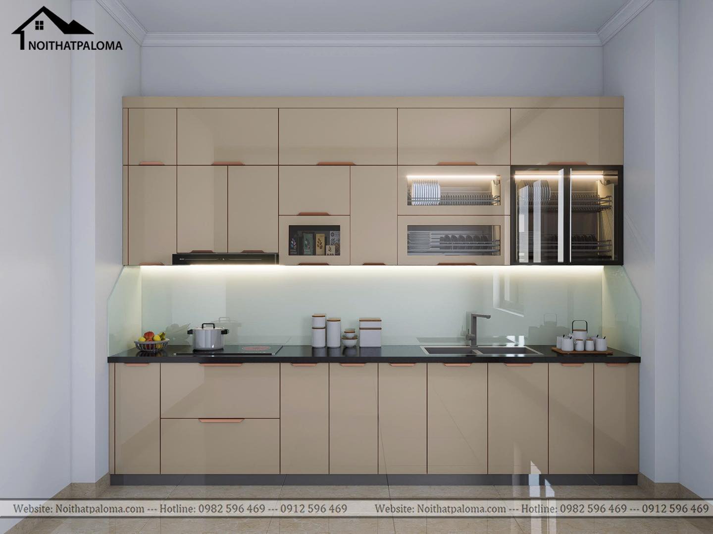 Tủ bếp Acrylic chữ I màu kem hiện đại đẹp sang trọng.