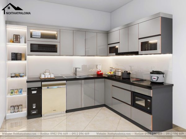 Mẫu tủ bếp Acrylic chữ L hiện đại màu ghi sáng đẹp sang trọng cho chung cư và nhà phố.