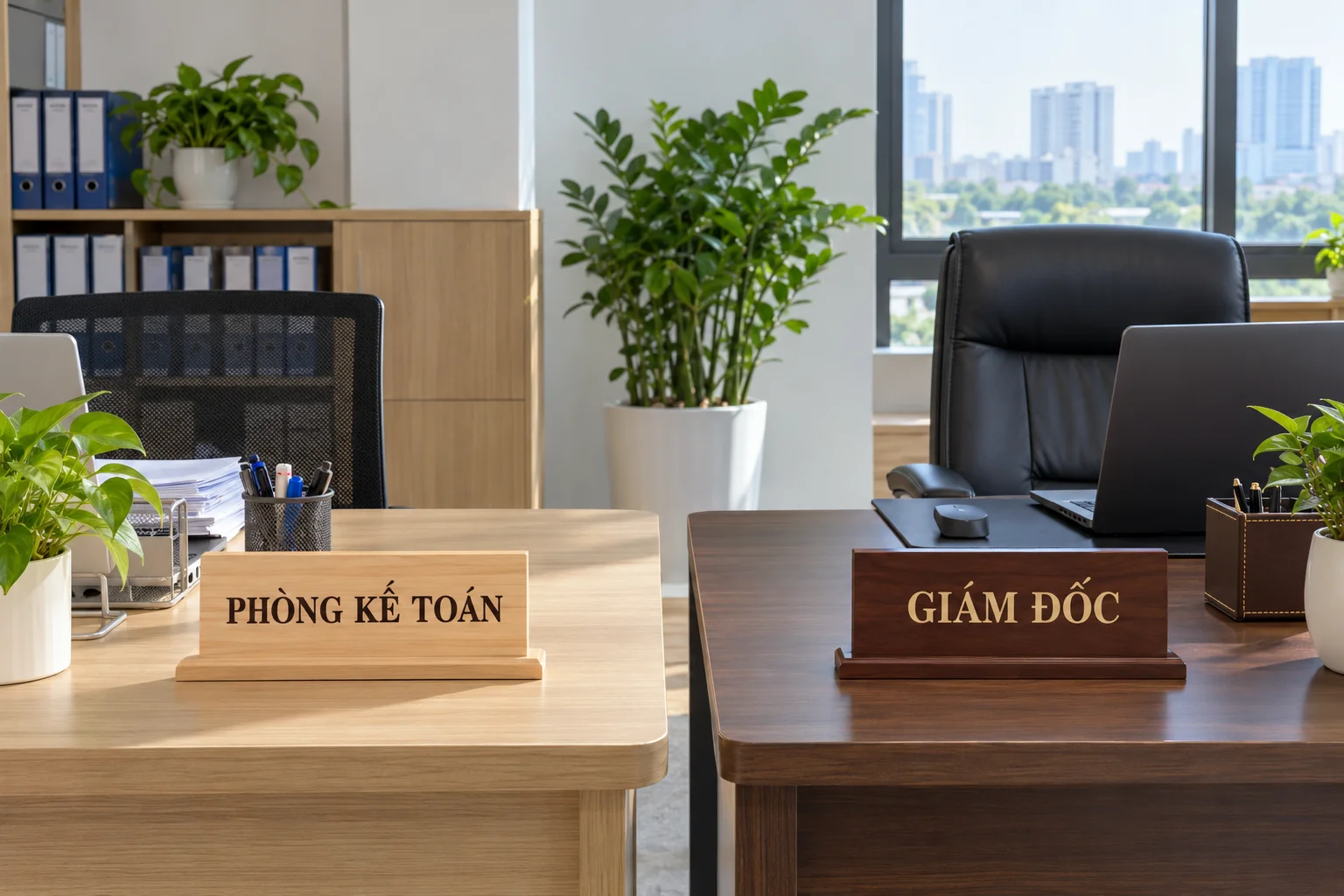 Hai bàn làm việc gỗ sáng và gỗ sẫm, biển Phòng Kế toán đế gỗ sáng và biển Giám đốc đế gỗ sẫm
